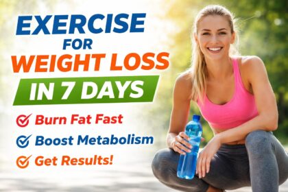 Exercise for weight loss in 7 days fitness concept showing a woman in workout clothes holding a water bottle with motivational text about burning fat and boosting metabolism