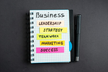 The feature image for the article, How to Start a Business in 10 Easy Steps, contain Top view motivation business notes with pen on dark background business marketing work success job strategy teamwork office leadership